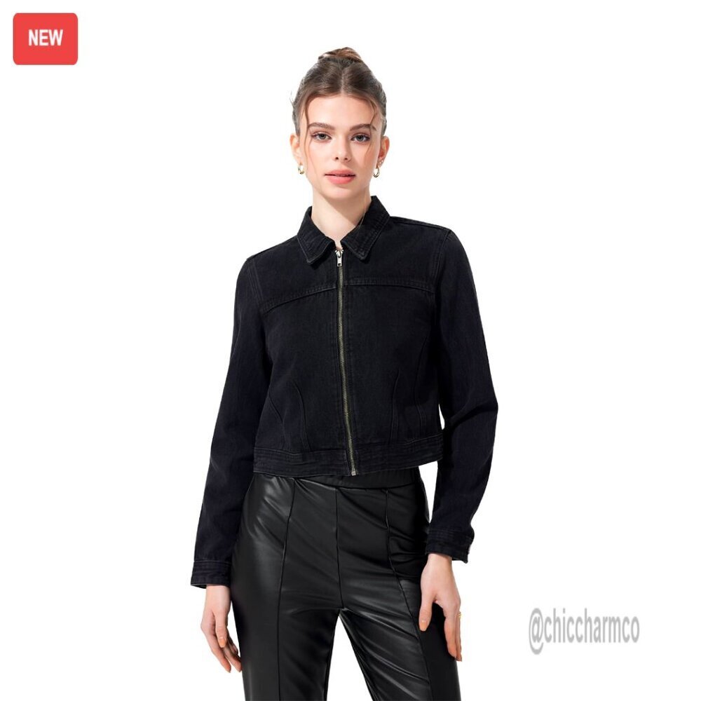 Cropped Denim Jacket Zip-Up Slim Fit Lightweight Outerwear